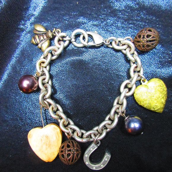 Charm Bracelet With Hearts Pearls Horseshoe Heart Locket Lobster Claw Clasp - Picture 1 of 8
